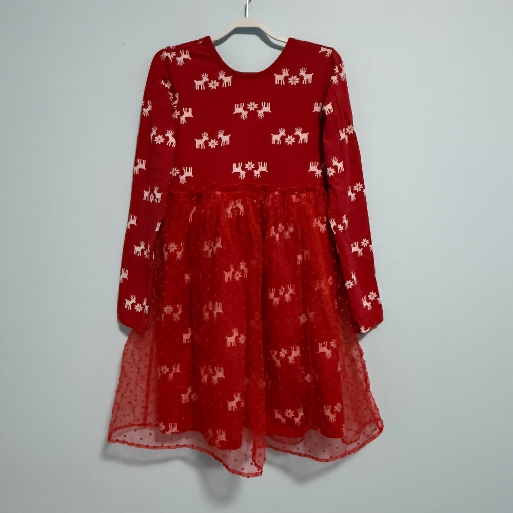 Hanna Andersson Holiday Girls Red Tulle Reindeer Knit Dress Size 10(140 Cm)